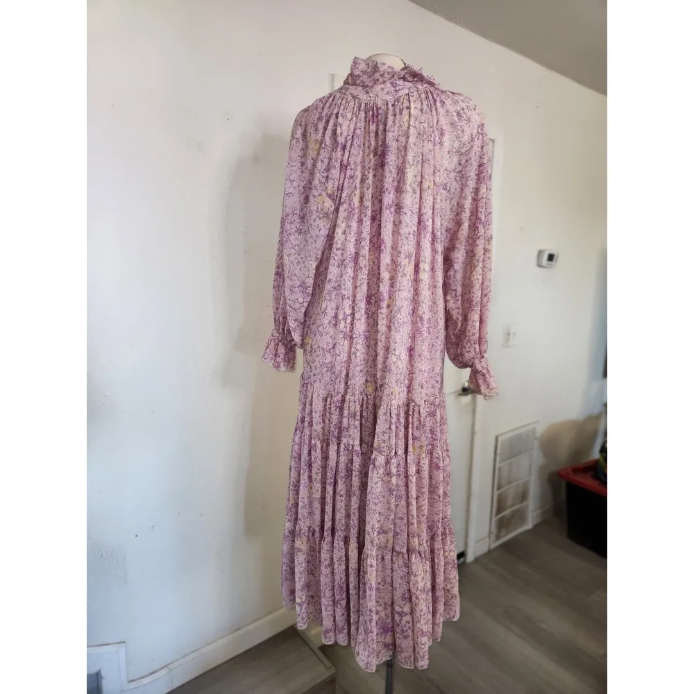 Free People Lavender Floral Tiered Boho Maxi Dress Long Sleeve Ruffle Neck XS - Picture 8 of 12